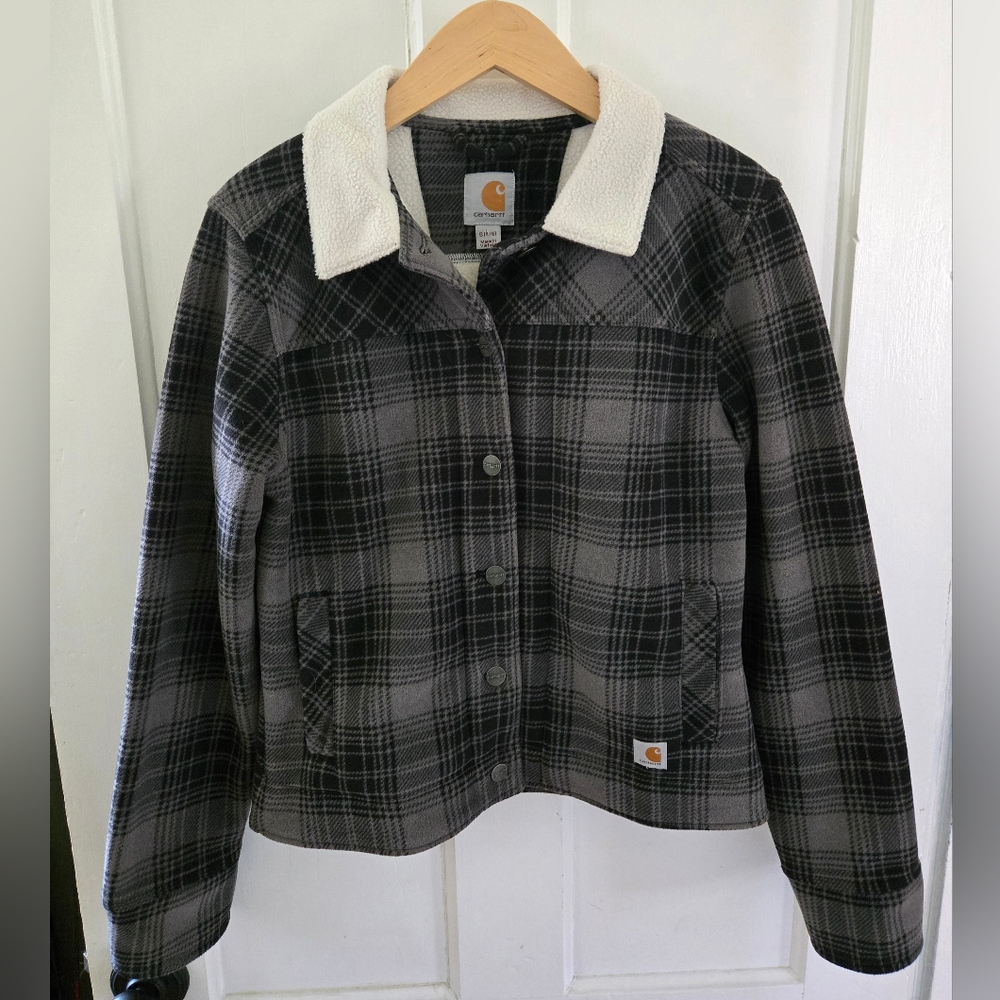 Carhartt Black and Gray Plaid Collared Sherpa Lined Jacket, Women's Small